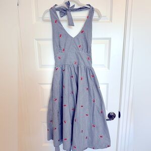 Retrolicious black checkered with Cherry embroidery Halter Sundress Casual